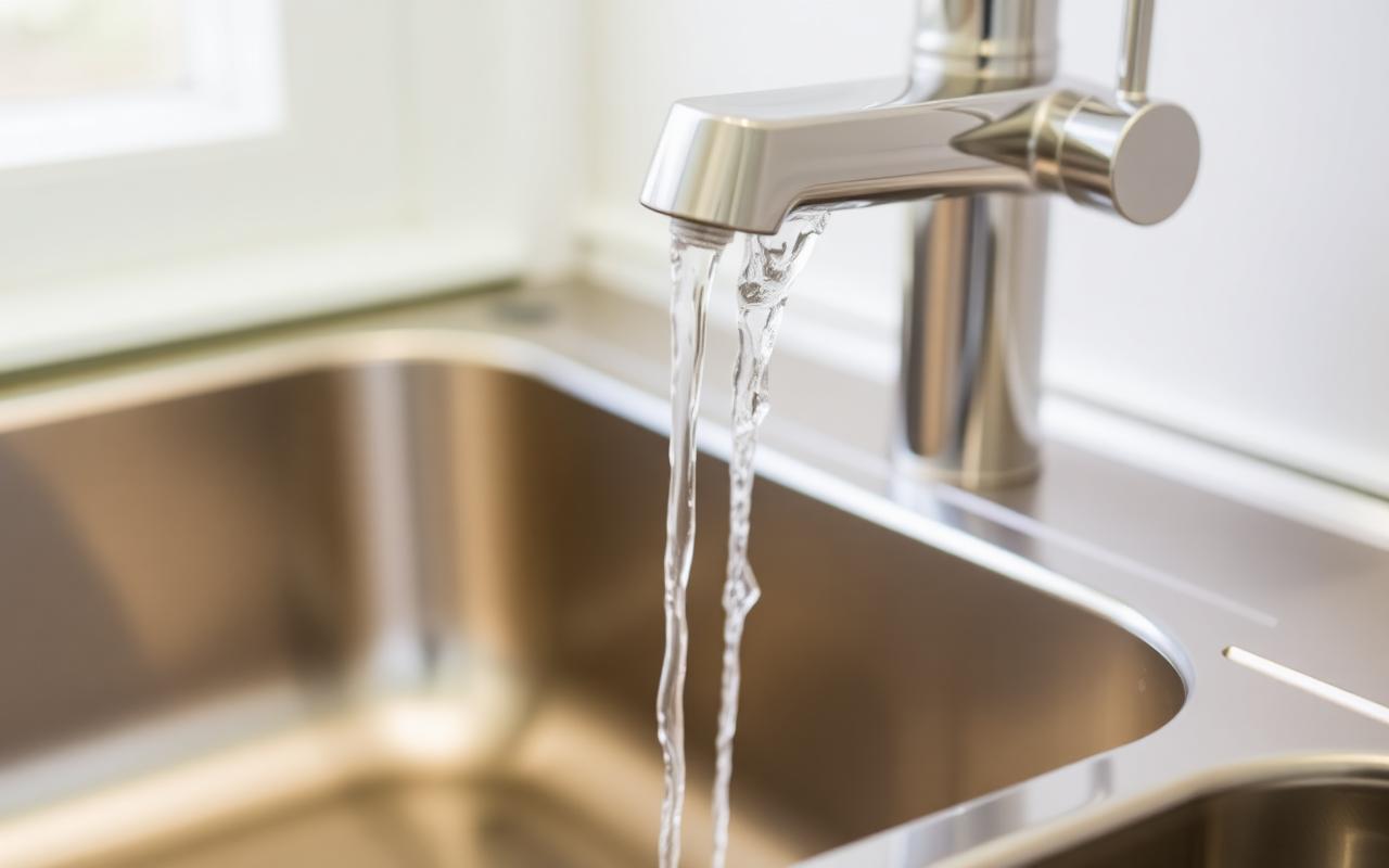 Modern kitchen faucet with weak water flow trickling into a stainless steel sink