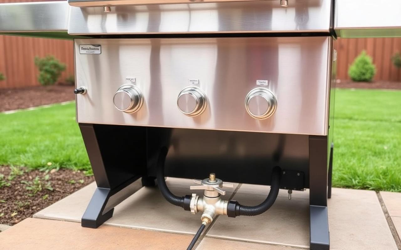 Stainless steel natural gas grill on a patio with a hard-piped black iron gas connection