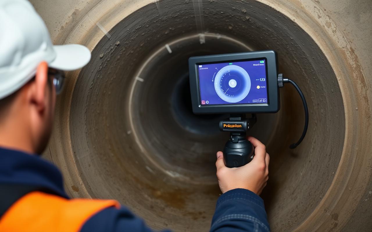 Plumber operating a sewer inspection camera and monitor inside a residential pipe
