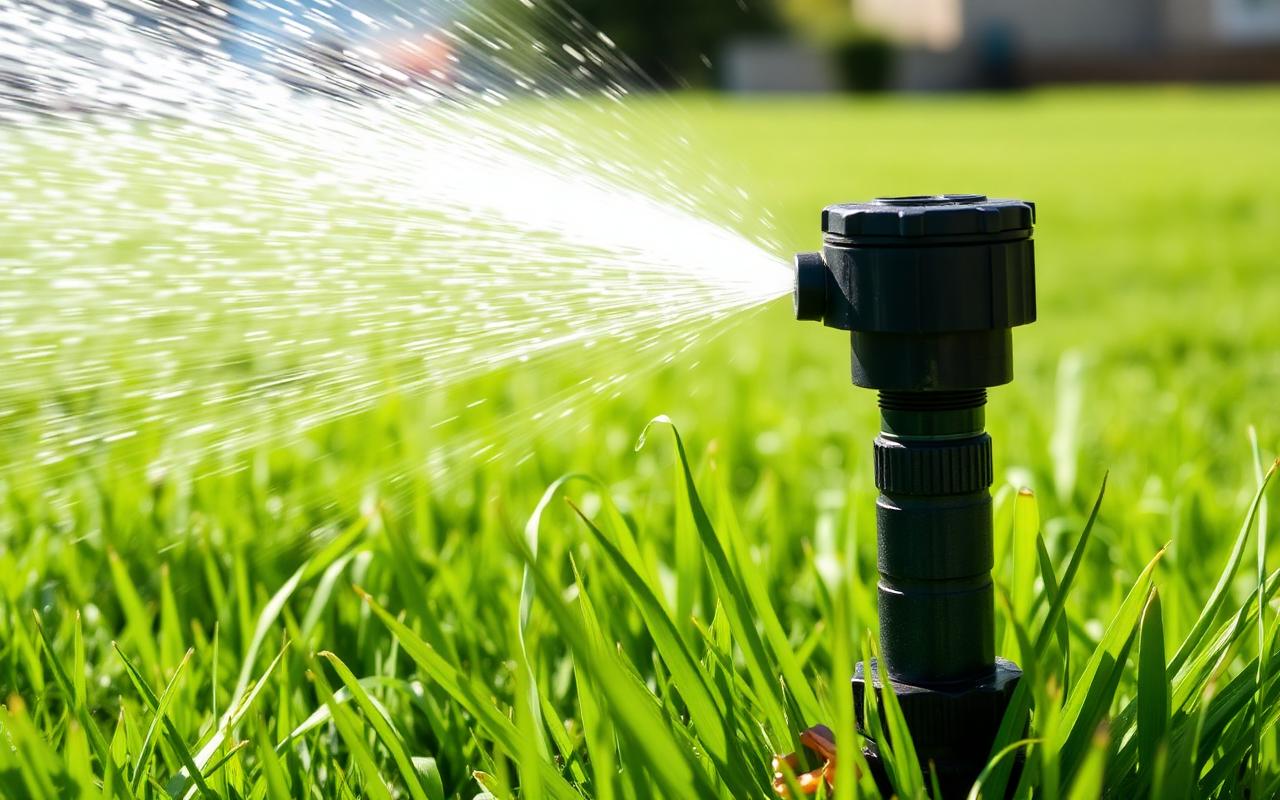 Aerobic septic sprinkler head spraying water across a green lawn