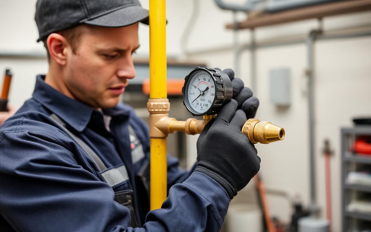 Plumber attaching a pressure gauge to a yellow residential gas line