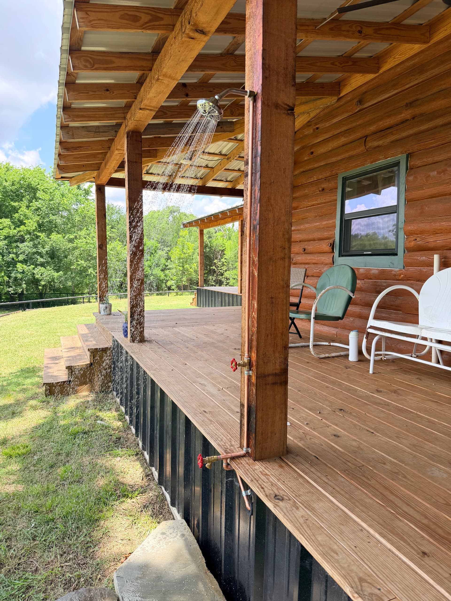 Gallery photos for Custom Copper Outdoor Shower with Foot Wash on a Log Cabin Porch: Image #1